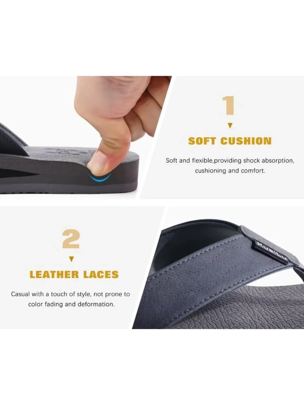 Mens Dark Grey Yoga Mat Leather Flip Flops Slip On Indoor Outdoor Sandal Slipper